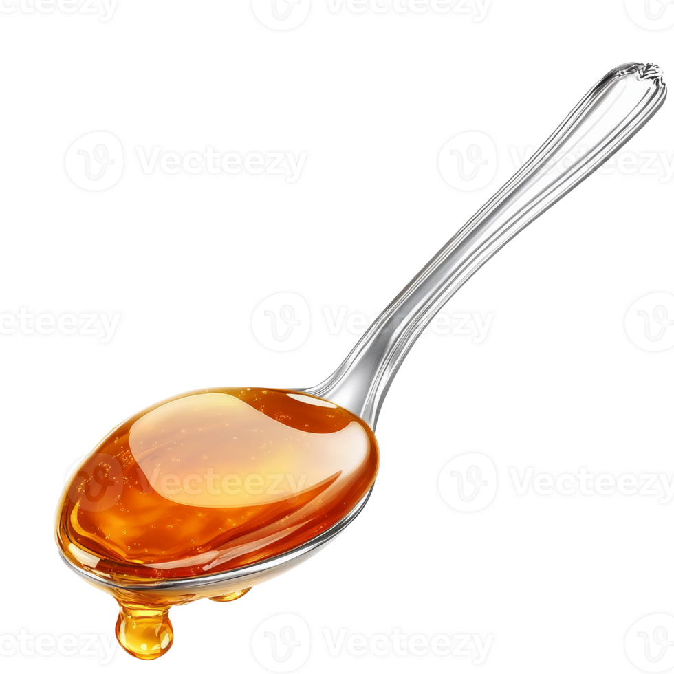 Honey dripping from a silver spoon in sunlight, cut out transparent png