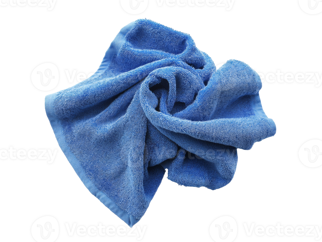 Soft blue towel crumpled on a white background, cut out transparent png