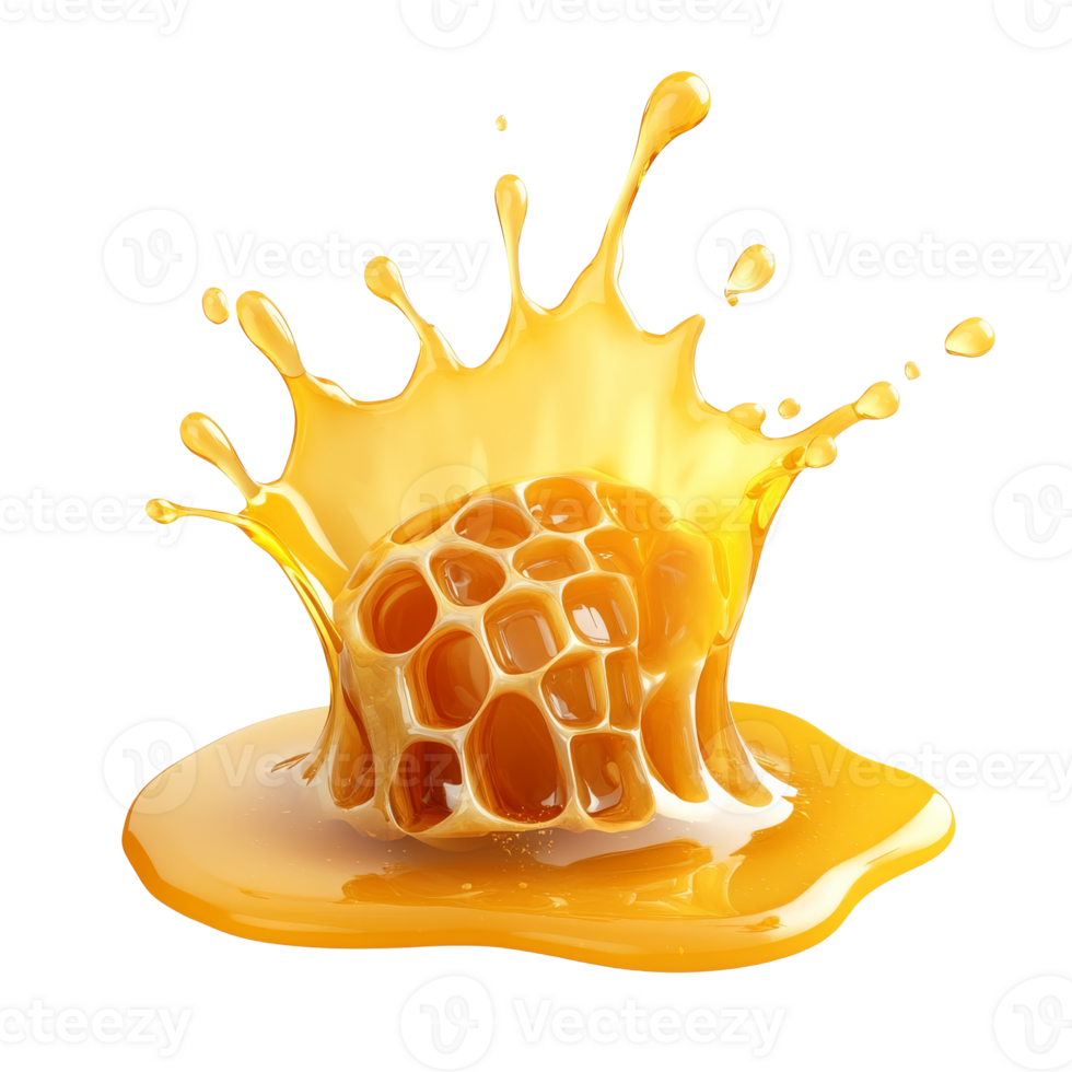 A honeycomb splashing into fresh golden honey, cut out transparent png