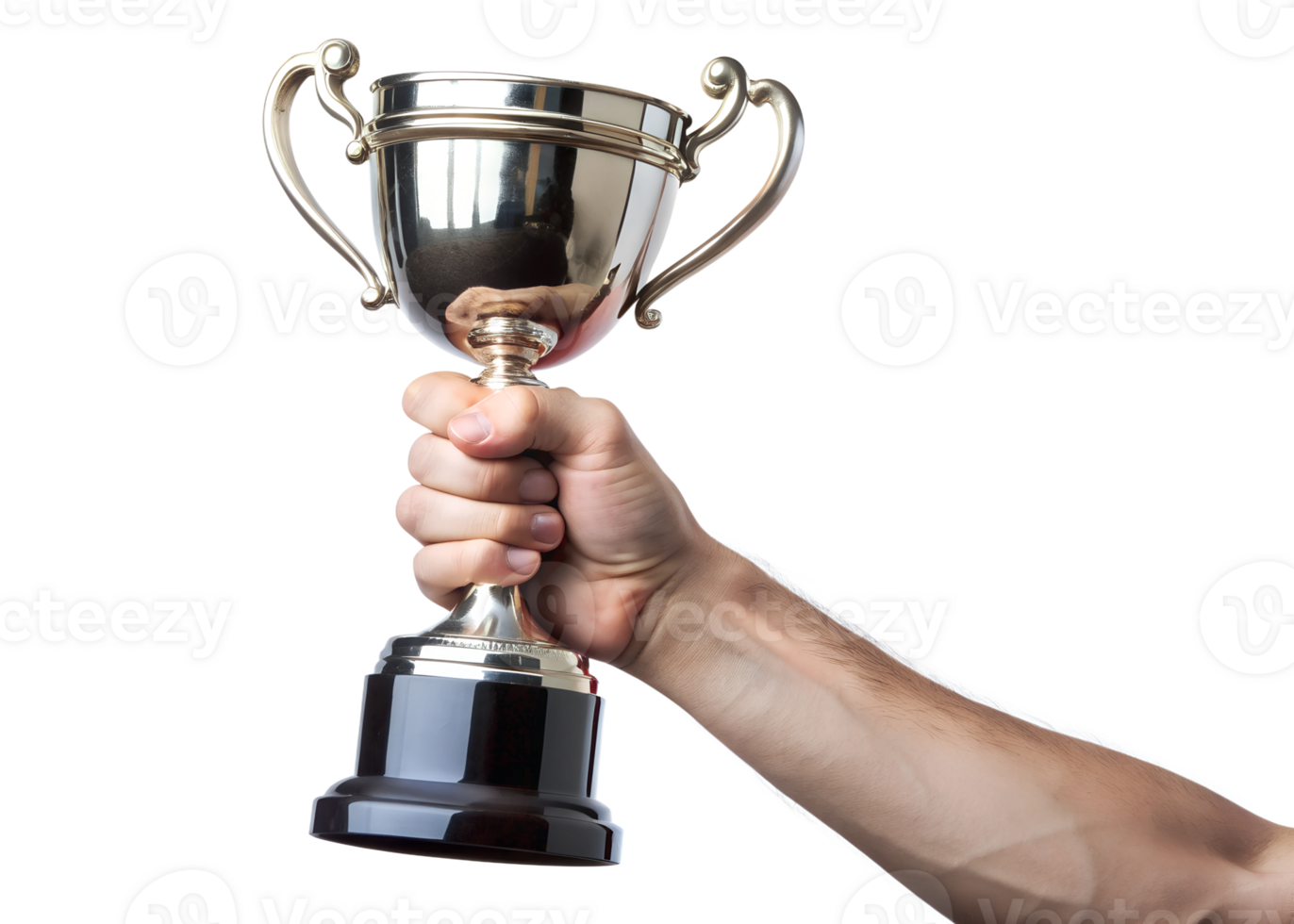 Celebrating victory with a trophy in hand, isolated transparent png