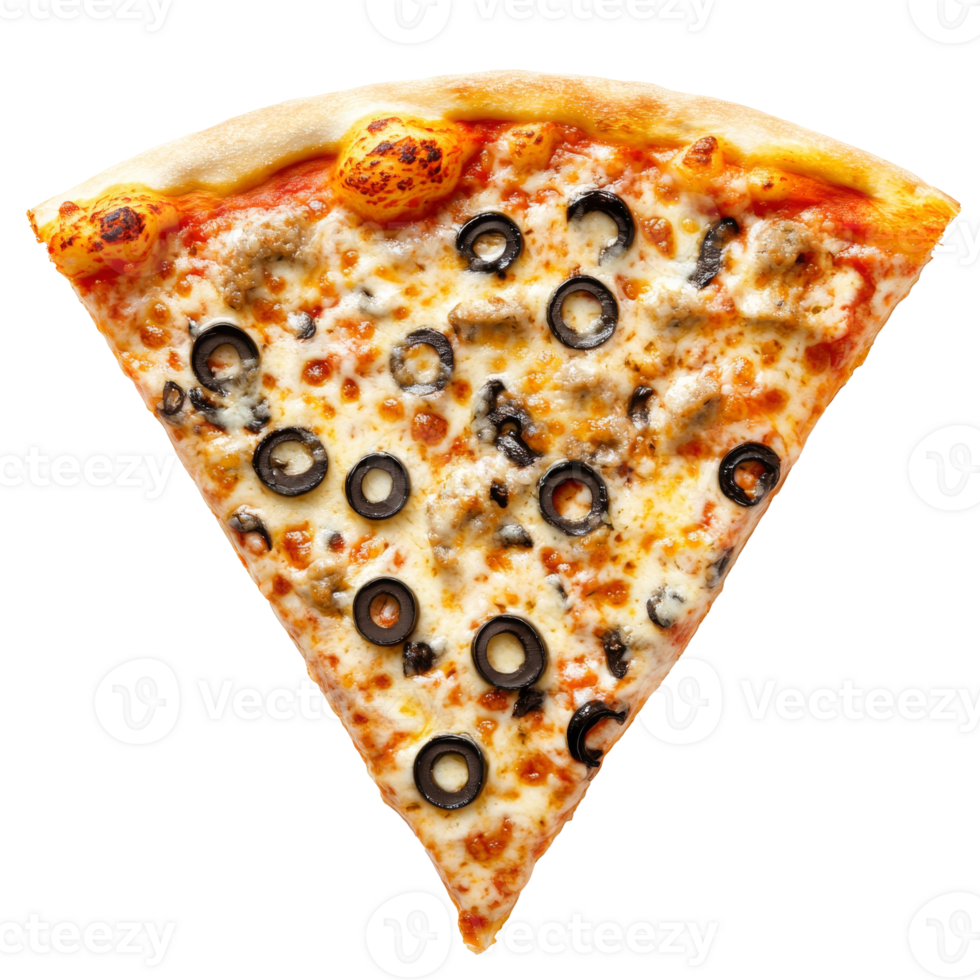 Delicious slice of pizza with olives and sausage, cut out transparent png