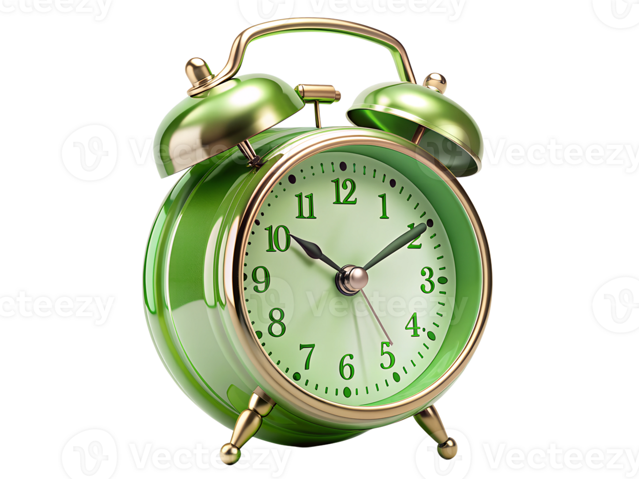 Classic green alarm clock with a vintage design, isolated transparent png