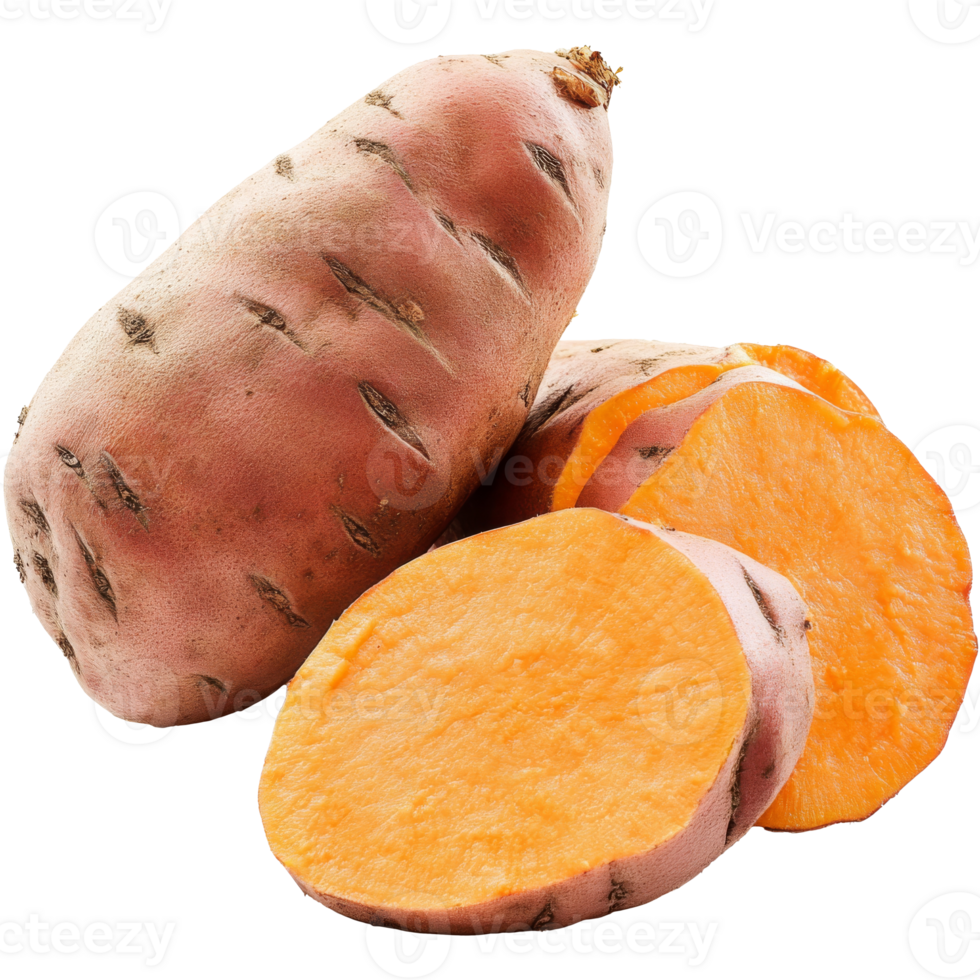 Sweet potatoes on a white background with slices, cut out transparent png