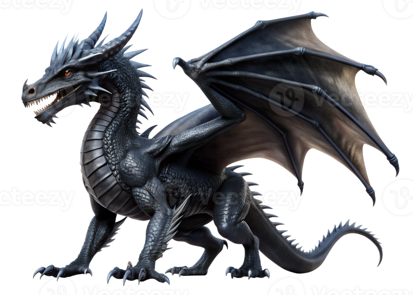 Majestic black dragon with outstretched wings, isolated transparent png