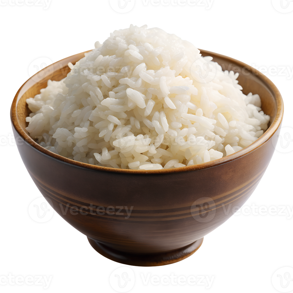 Steaming bowl of white rice in a wooden dish, isolated transparent png