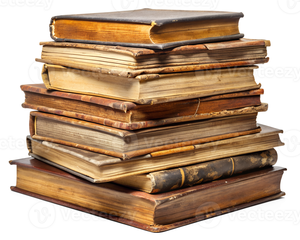 A stack of vintage books on a white background, isolated transparent png