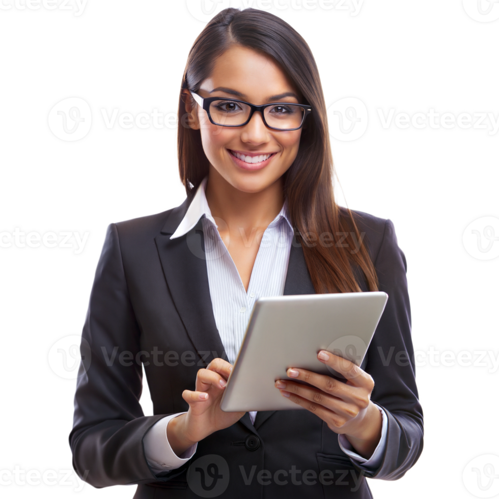 Professional woman using tablet in modern office, isolated transparent png