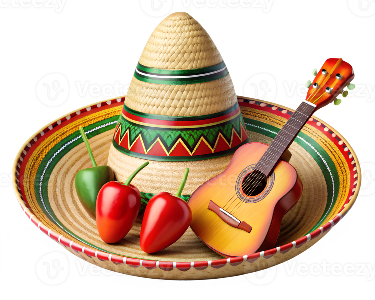 Colorful sombrero and guitar with fresh peppers, isolated transparent png