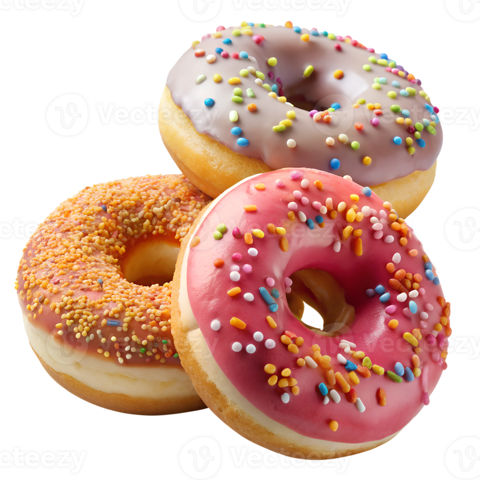 Colorful, sprinkles-covered donuts, isolated transparent png