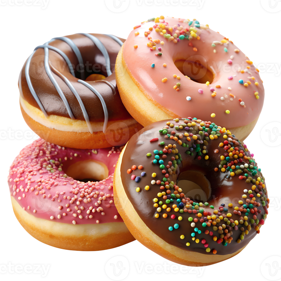 Vibrant donuts on display for enjoyment, isolated transparent png