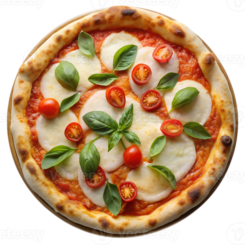 Homemade Margherita pizza with basil, isolated transparent png