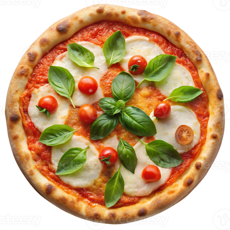 Fresh margherita pizza with basil, isolated transparent png