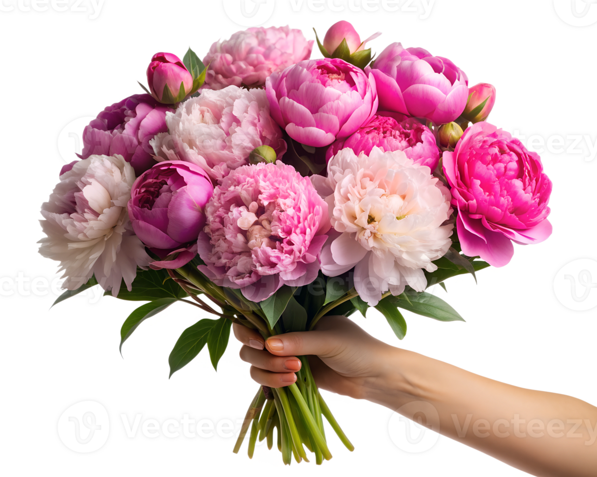 Hand holding a vibrant bouquet of peonies, isolated transparent png