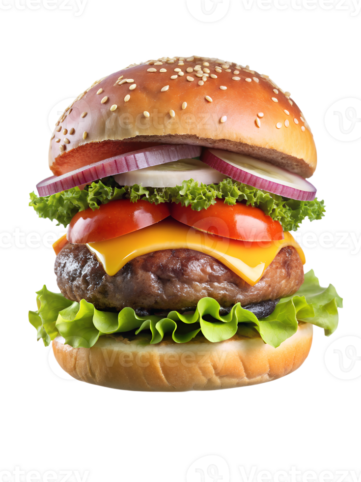 Freshly topped cheeseburger on a plate, isolated transparent png