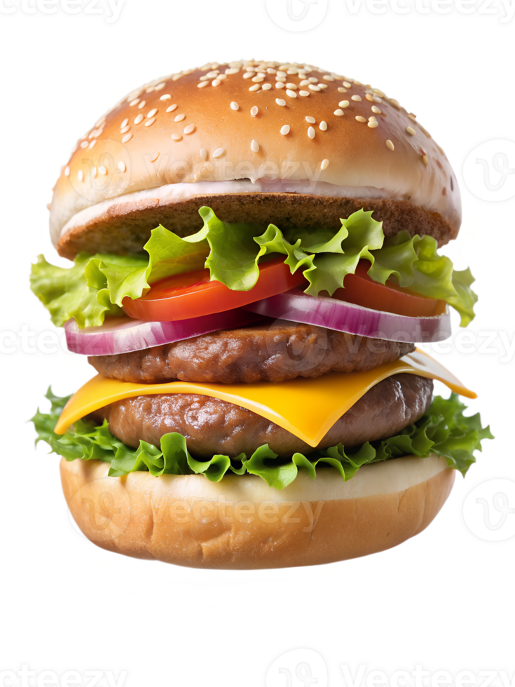 Juicy cheeseburger stacked with fresh ingredients, isolated transparent png