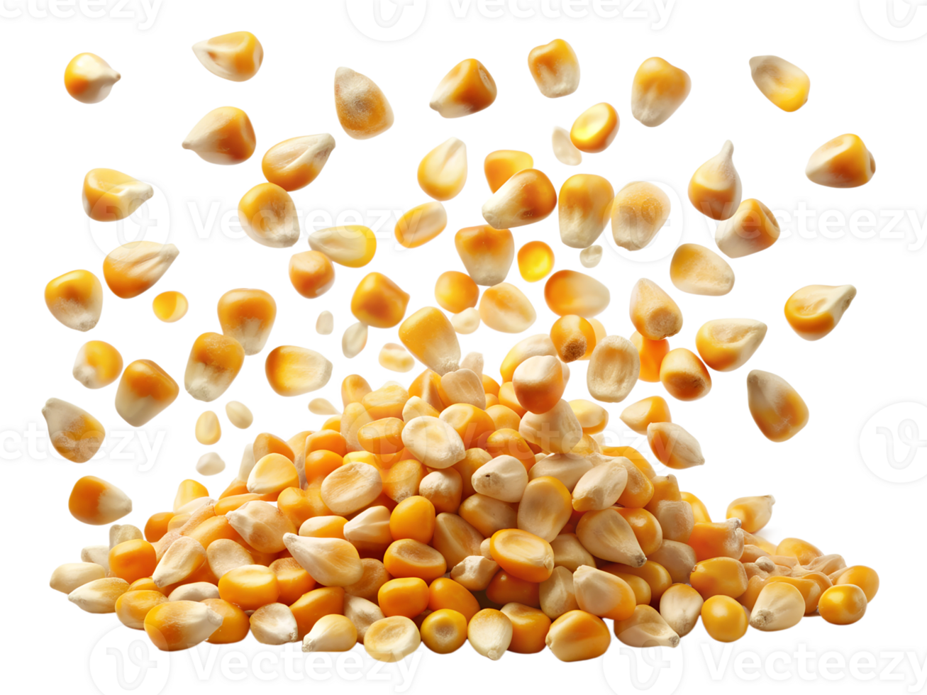 Corn kernels dropping on a bright pile, isolated transparent png