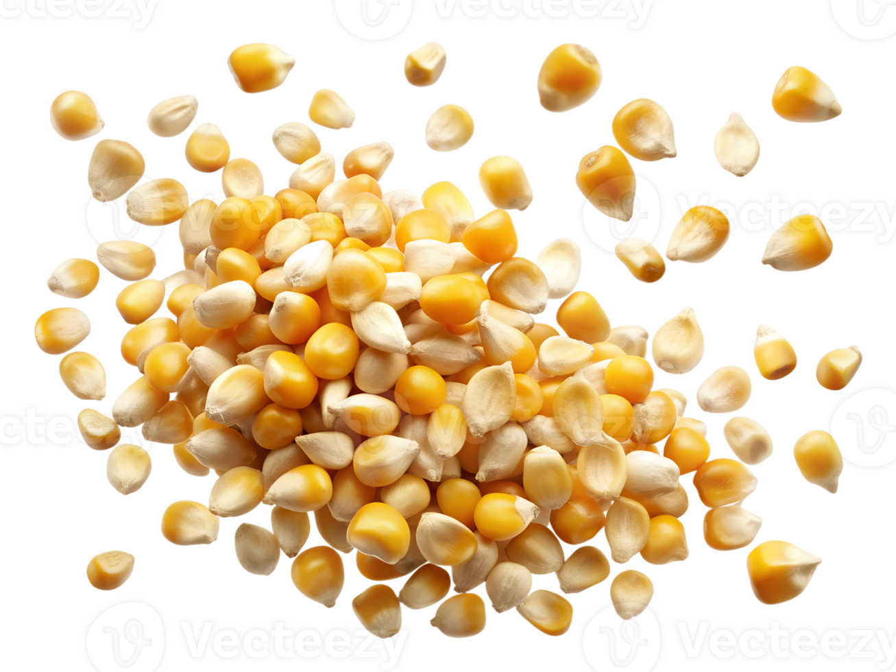Dried corn kernels scattered on a white background, isolated transparent png