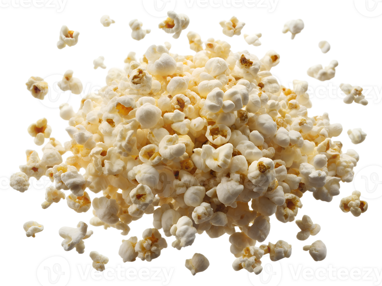 Popcorn scattered on a white background, isolated transparent png