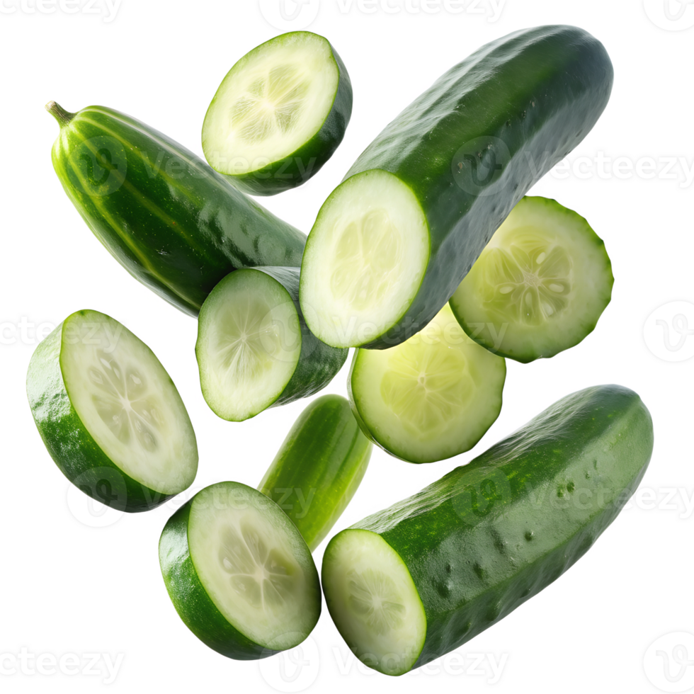 Sliced cucumbers on a white background, isolated transparent png