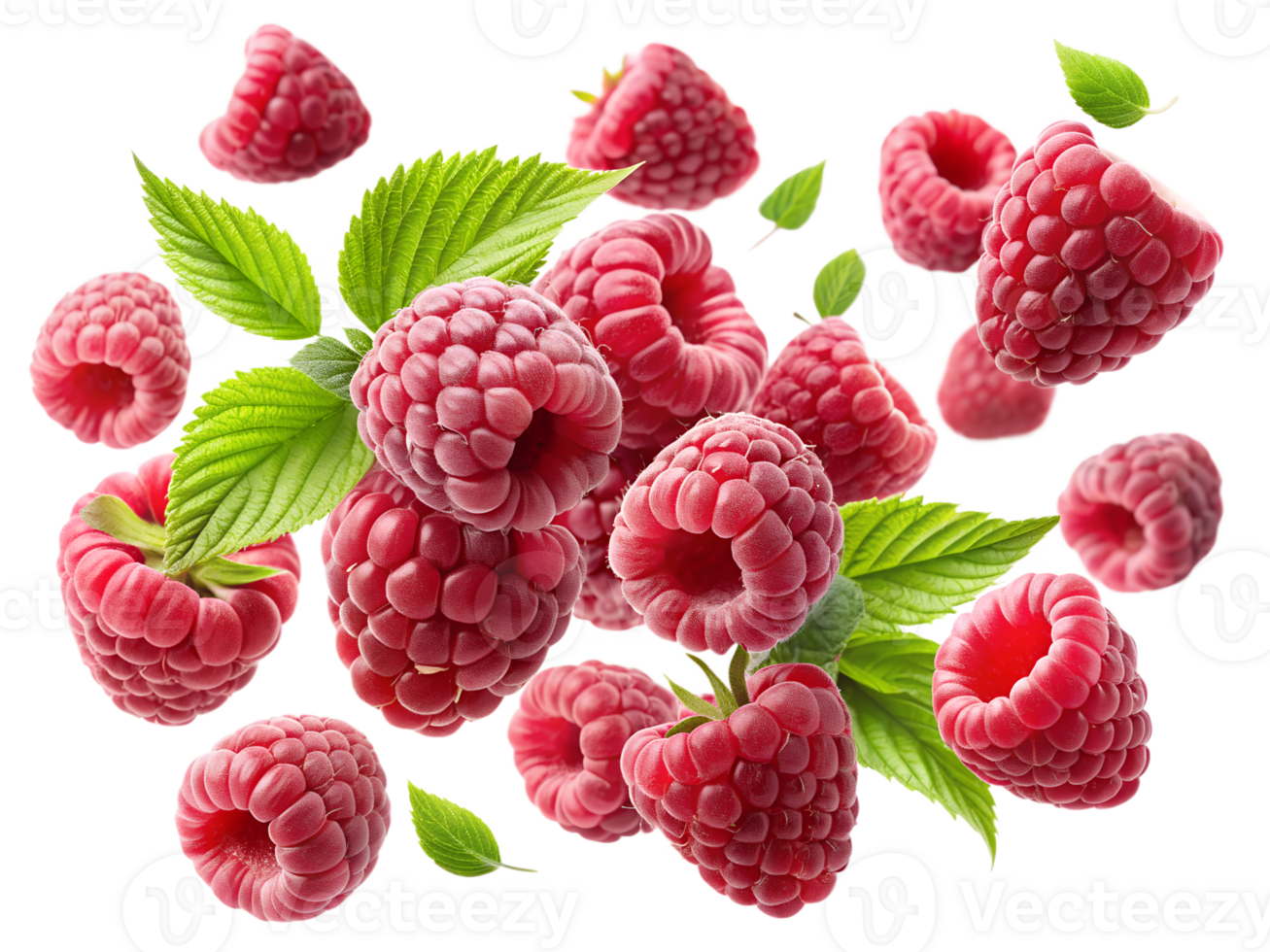 Raspberries with green leaves in air, isolated transparent png