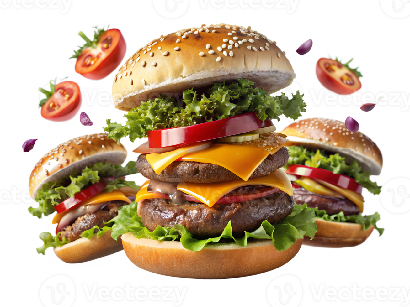 Tasty stacked burgers with fresh toppings, isolated transparent png