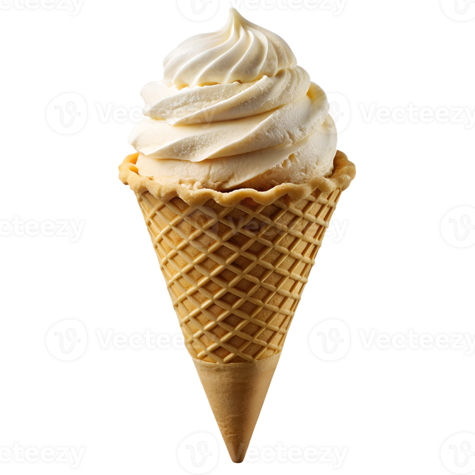 Creamy vanilla ice cream in a waffle cone, isolated transparent png