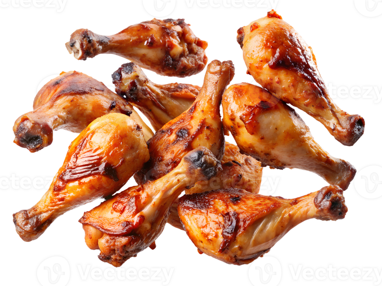 Juicy grilled chicken drumsticks ready for serving, isolated transparent png