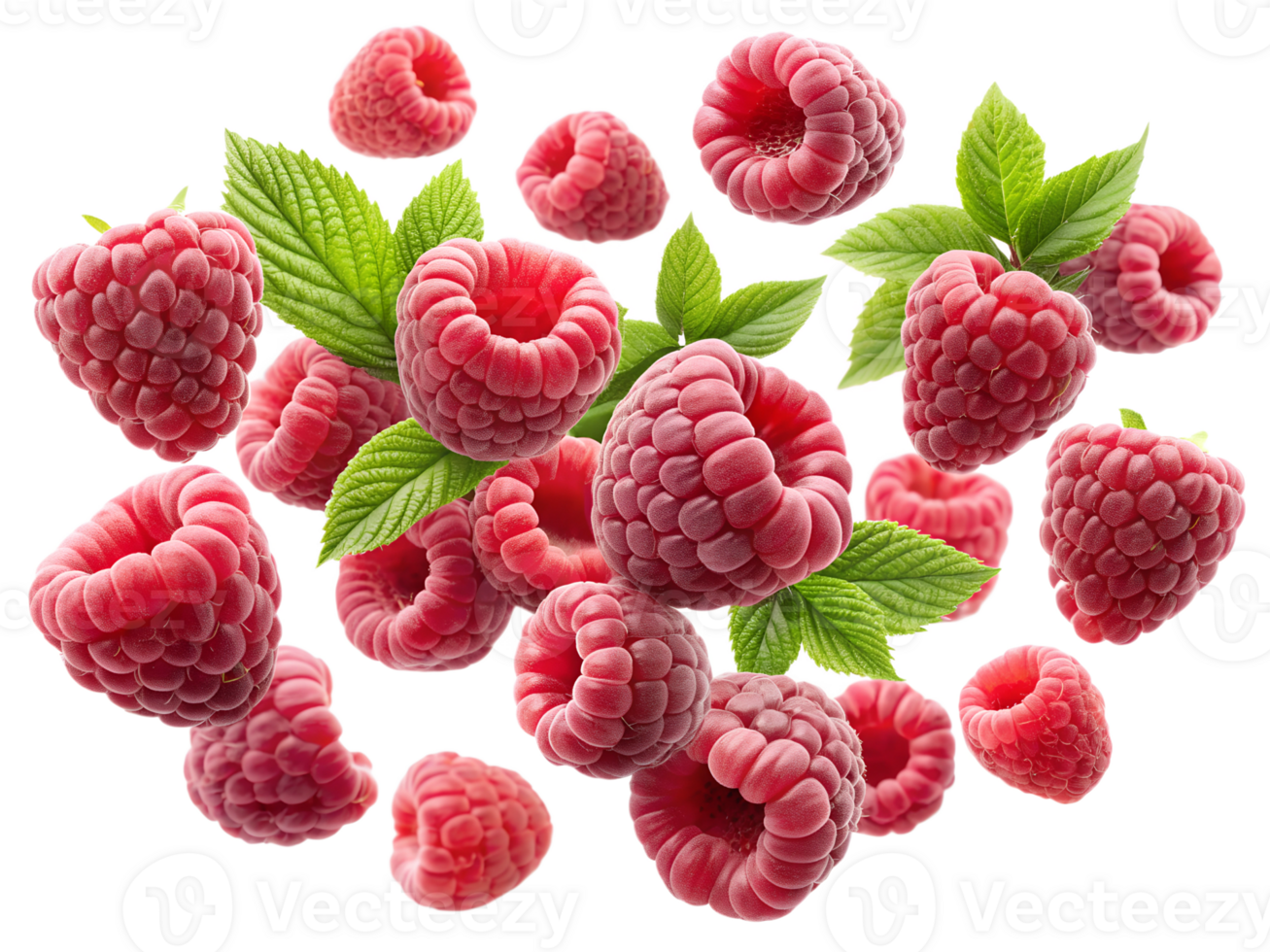 Raspberries and mint in bright light, isolated transparent png