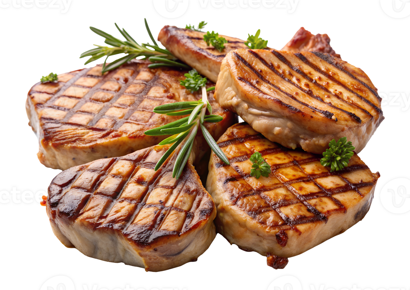 Grilled meat cuts garnished with herbs on a plate, isolated transparent png