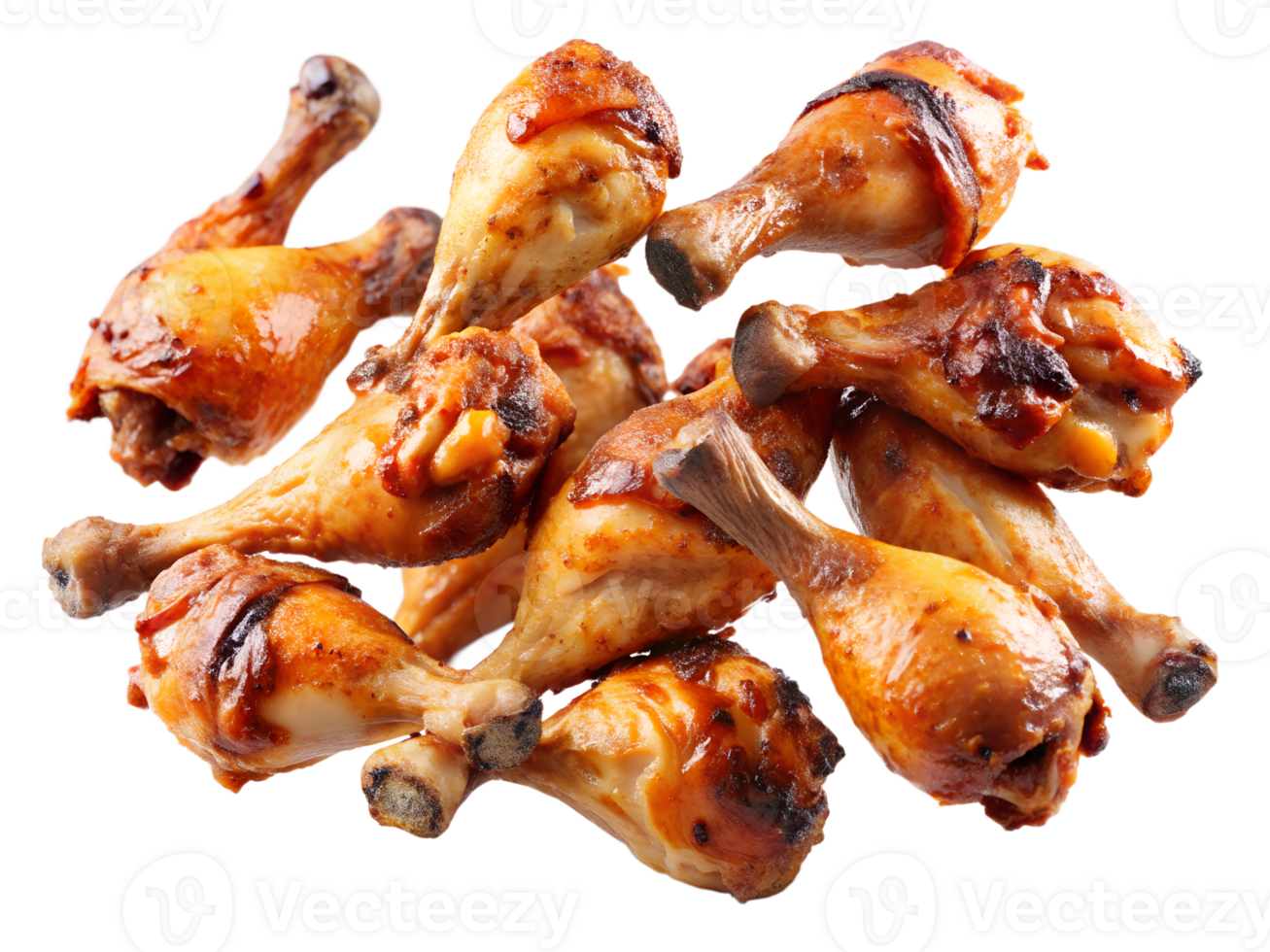 Savory grilled chicken drumsticks piled high, isolated transparent png