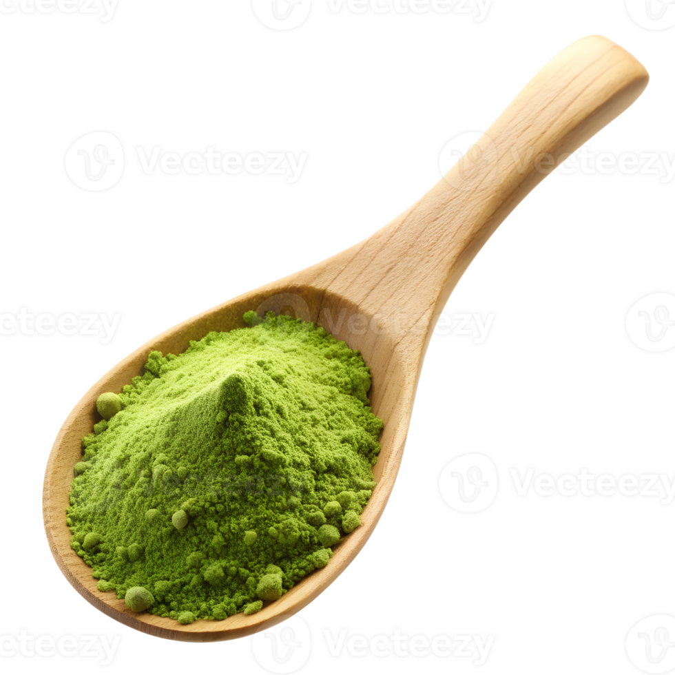 Green powder on a wooden spoon, isolated transparent png