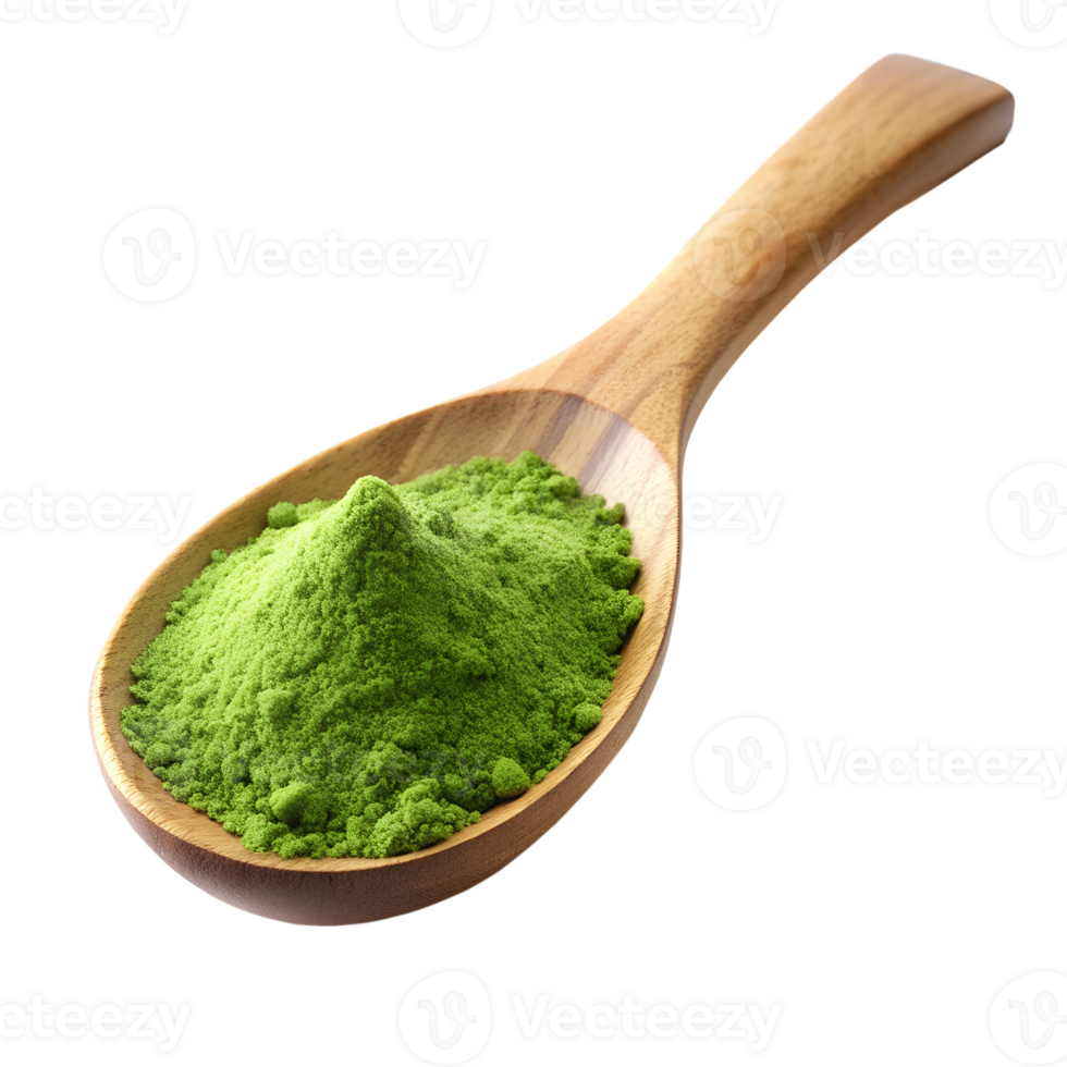 Green powder in wooden spoon on a white background, isolated transparent png