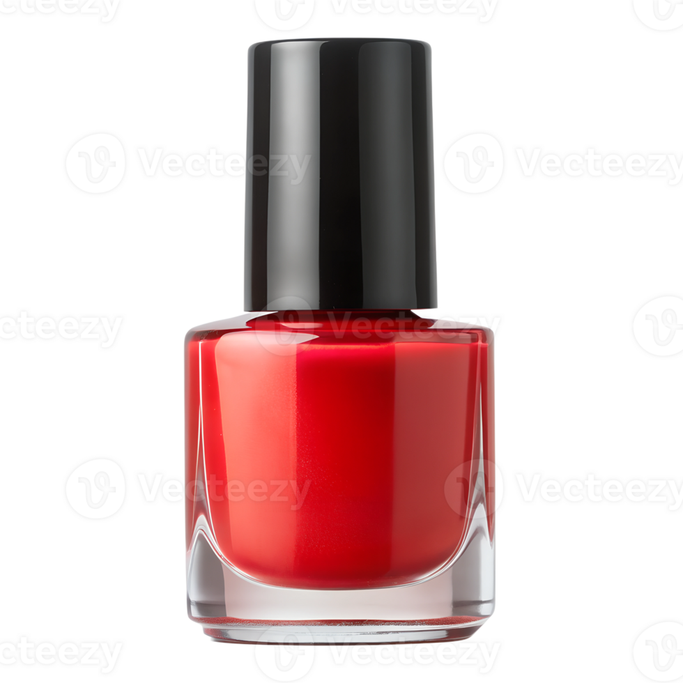 Bright red nail polish in a clear glass bottle, isolated transparent png