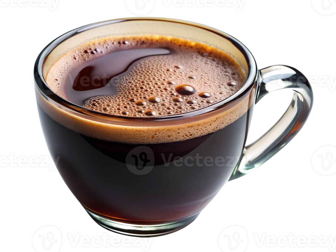 Freshly brewed coffee in a clear glass mug, isolated transparent png