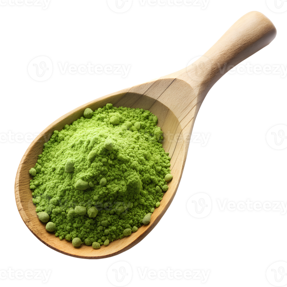 Green powder on a spoon, white backdrop, isolated transparent png