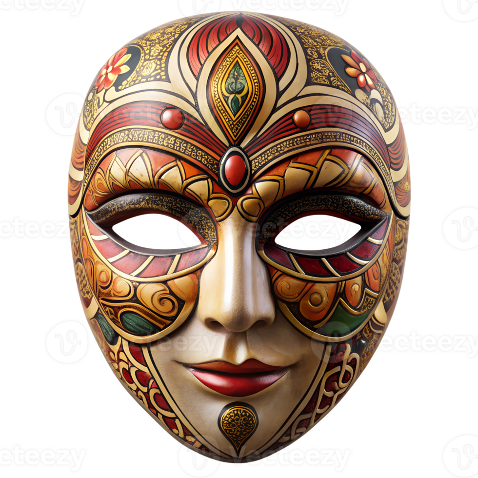 Vibrant hand-painted decorative mask shown, isolated transparent png