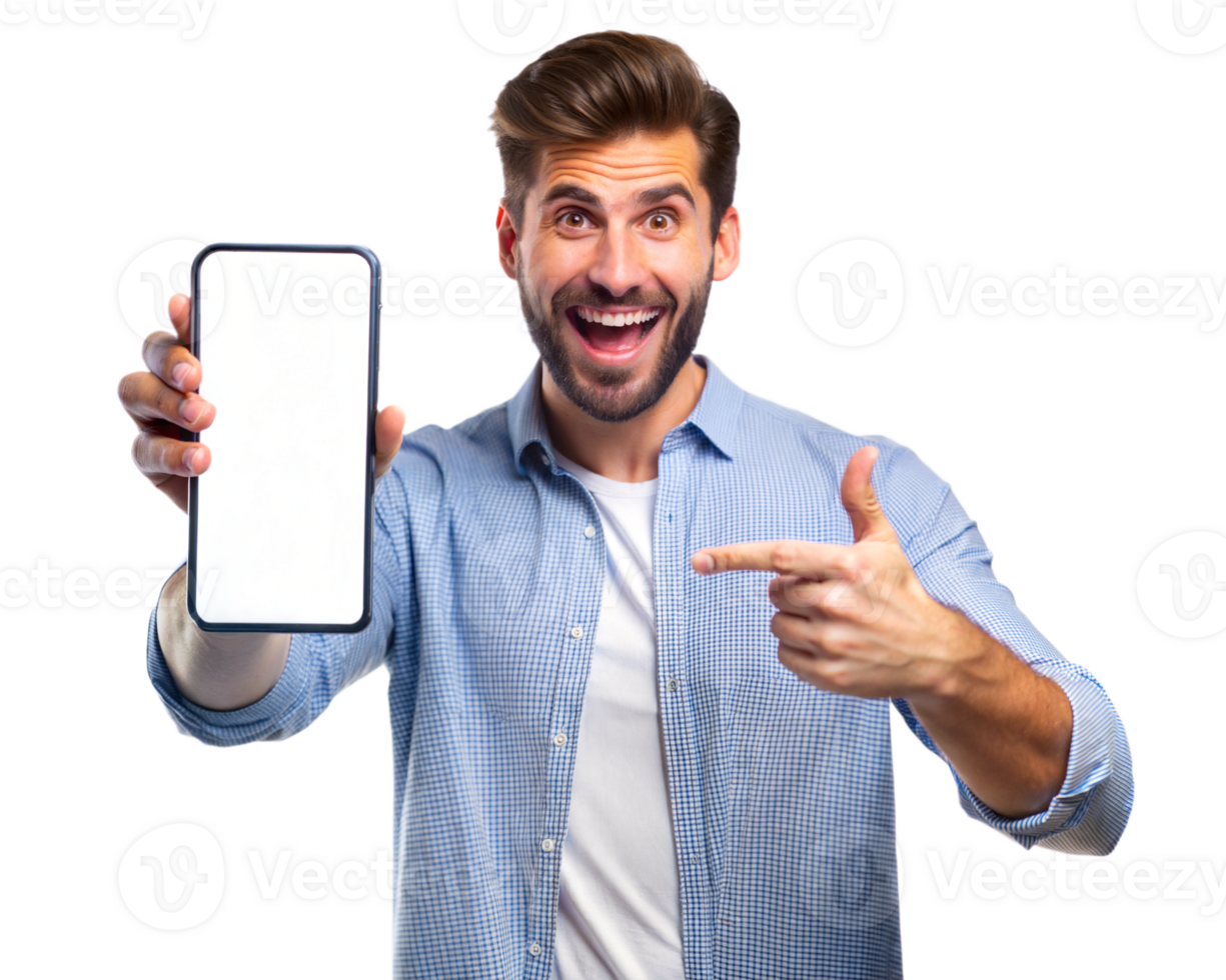 Happy man with a blank smartphone, isolated transparent png
