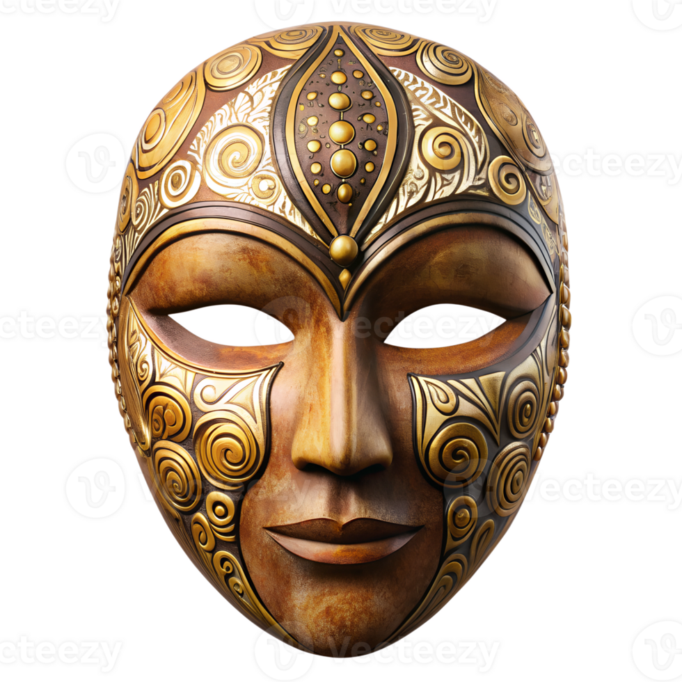 Tribal mask with golden details, isolated transparent png