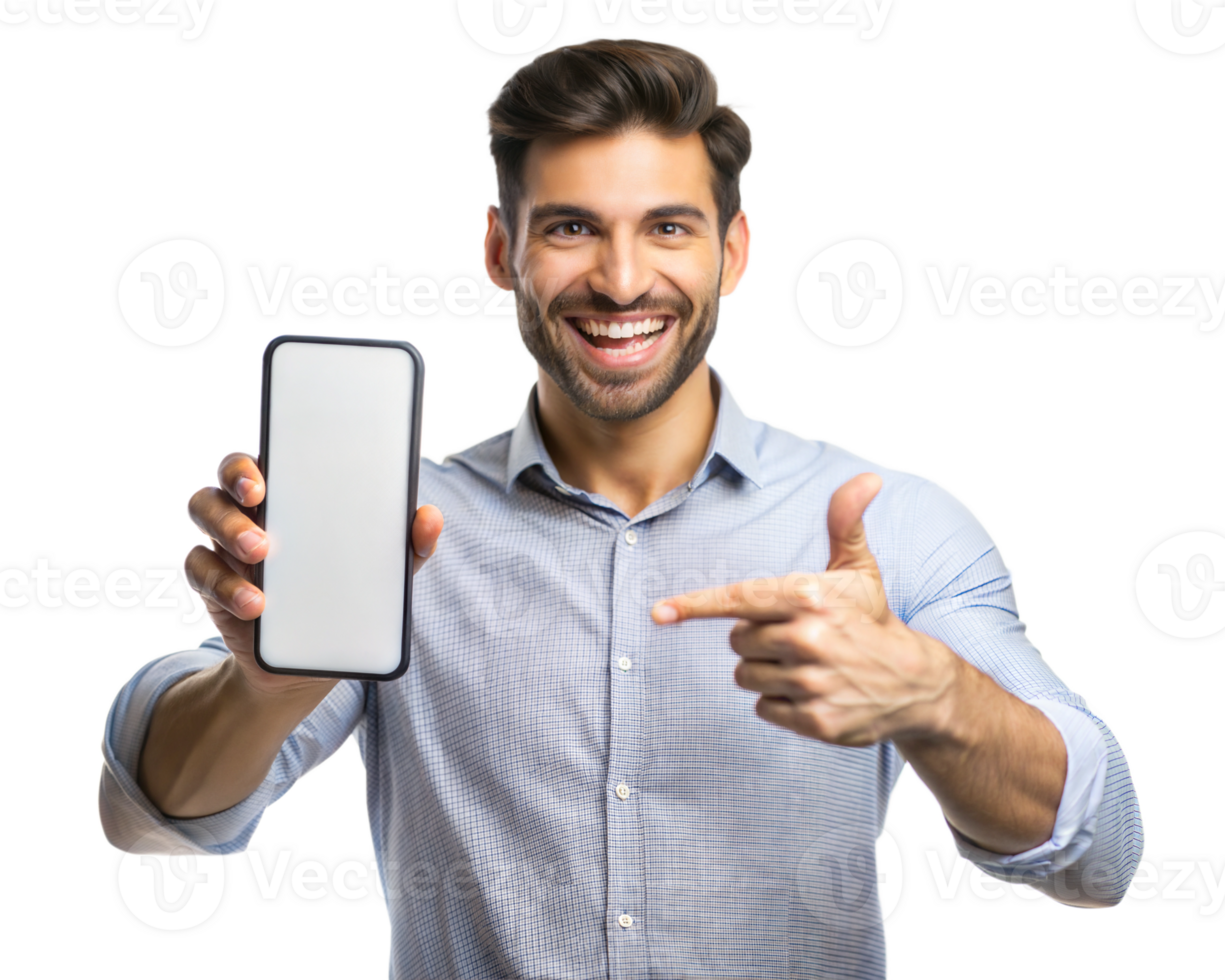 Excited man holds smartphone, smiling, isolated transparent png