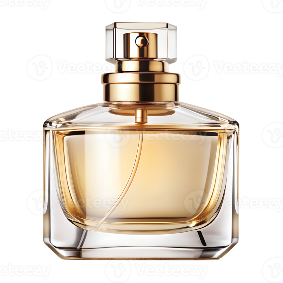Elegantly displayed perfume bottle, gold accents, isolated transparent png