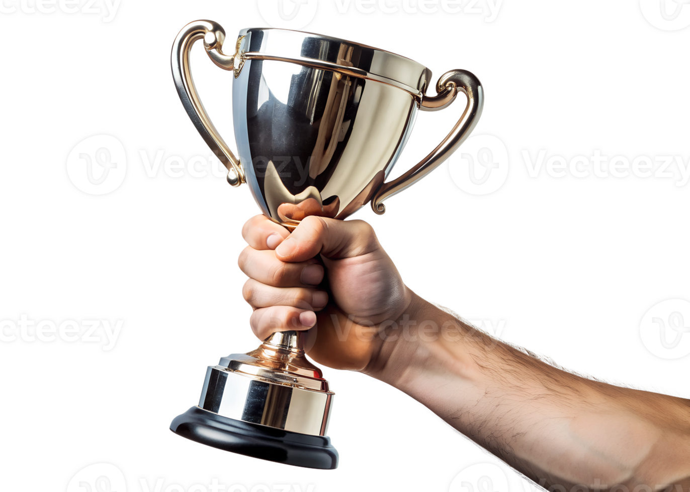 Hand holding trophy in celebration, isolated transparent png