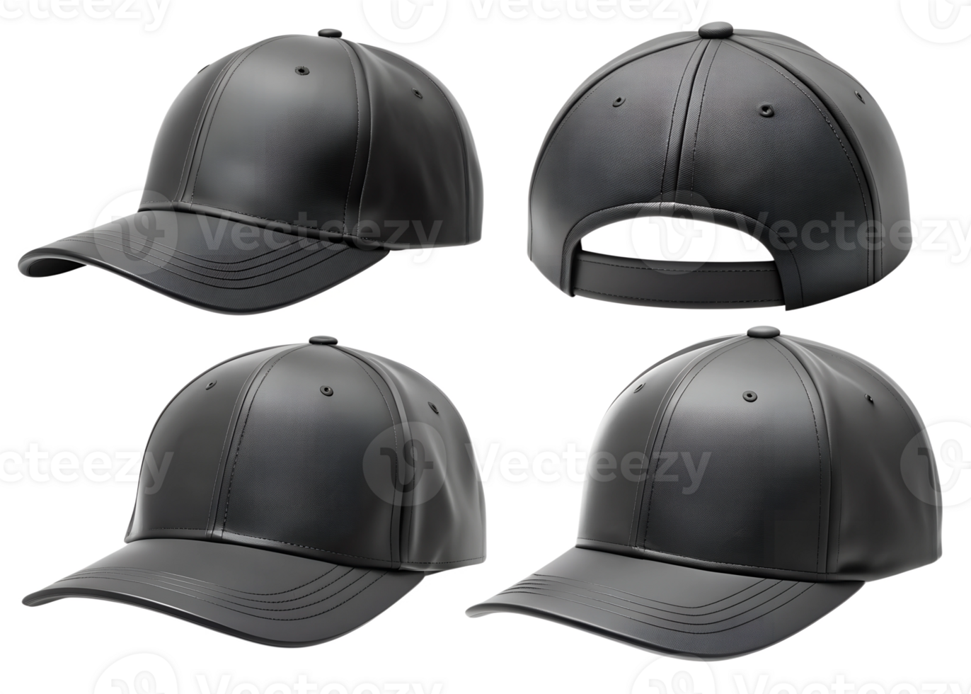 Black leather baseball cap - multiple angles, isolated transparent png