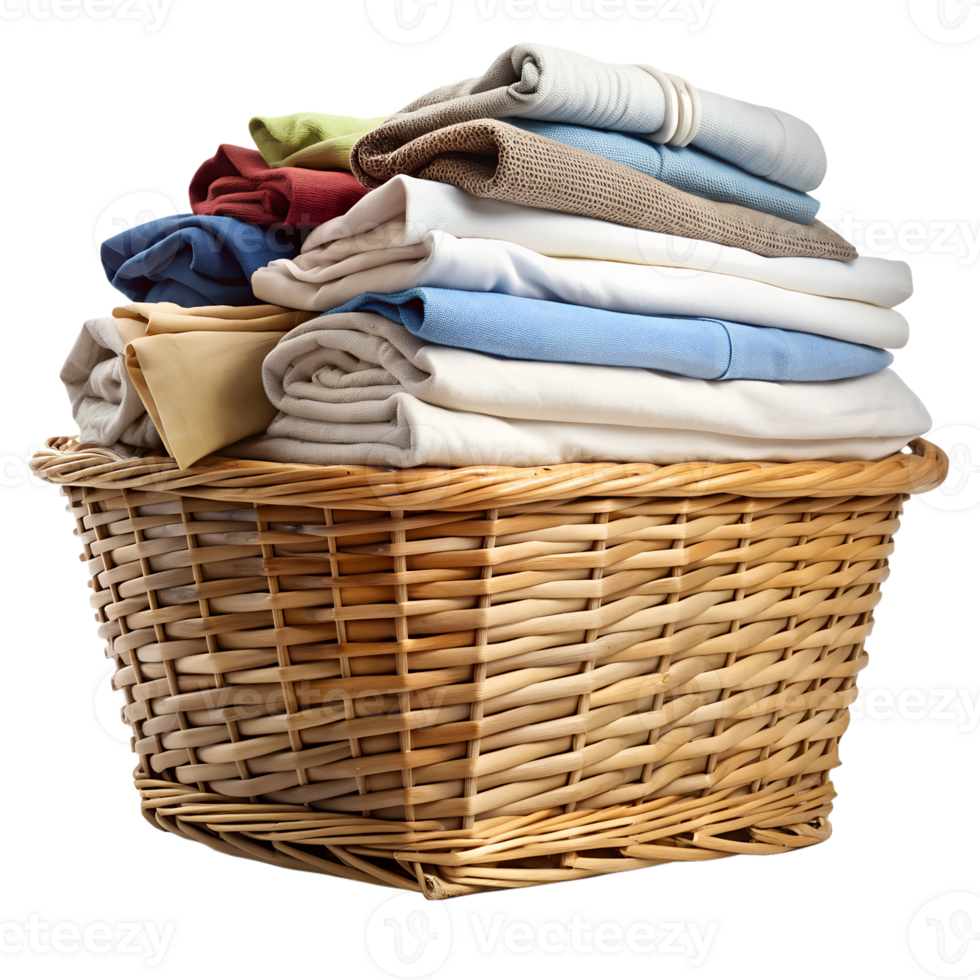 Freshly folded laundry in a wicker basket, isolated transparent png