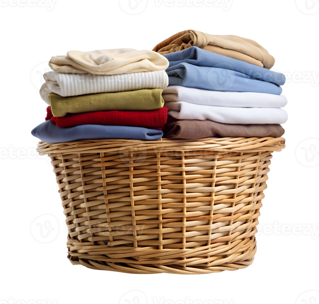 Freshly folded laundry in a woven basket at home, isolated transparent png