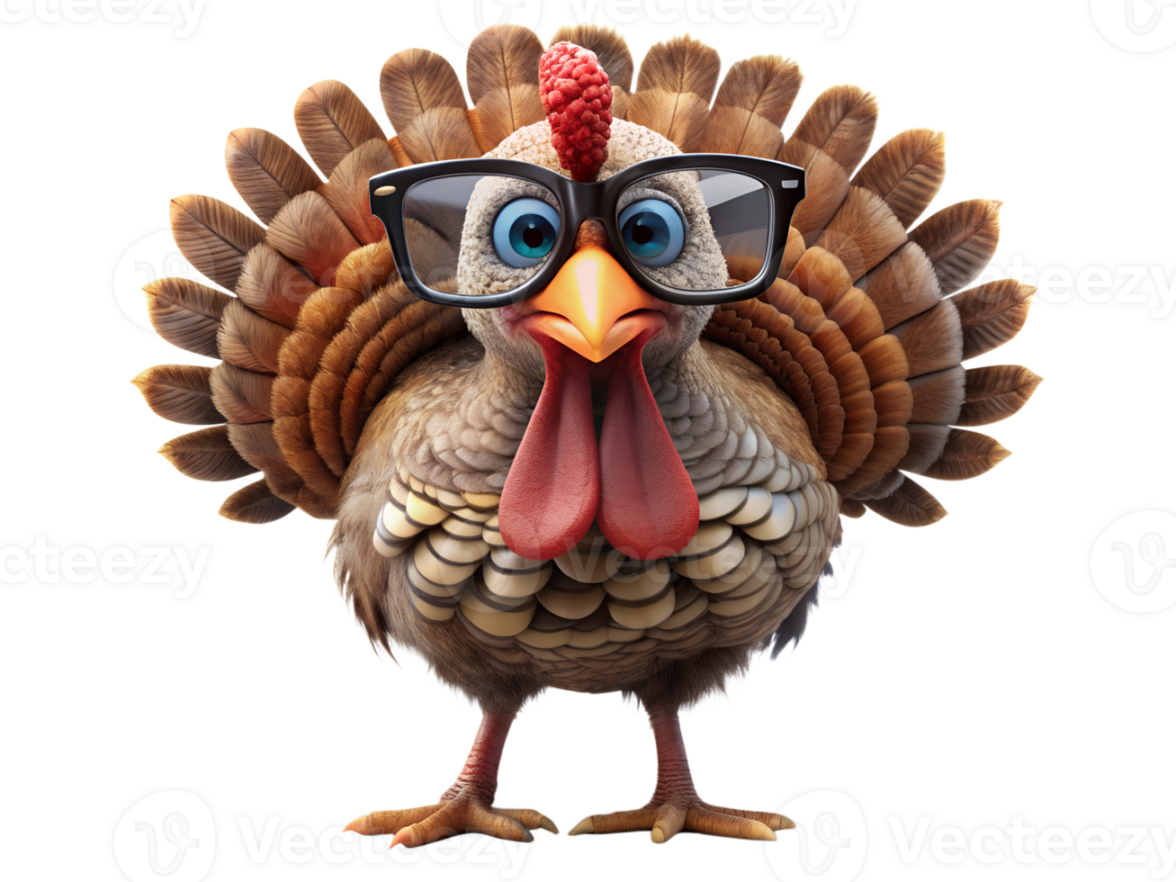 Turkey with glasses posing for a playful portrait, isolated transparent png