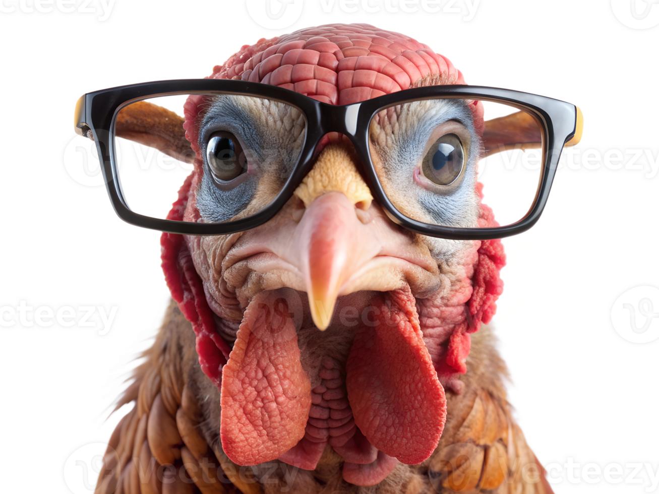 Turkey wearing glasses with a curious expression, isolated transparent png
