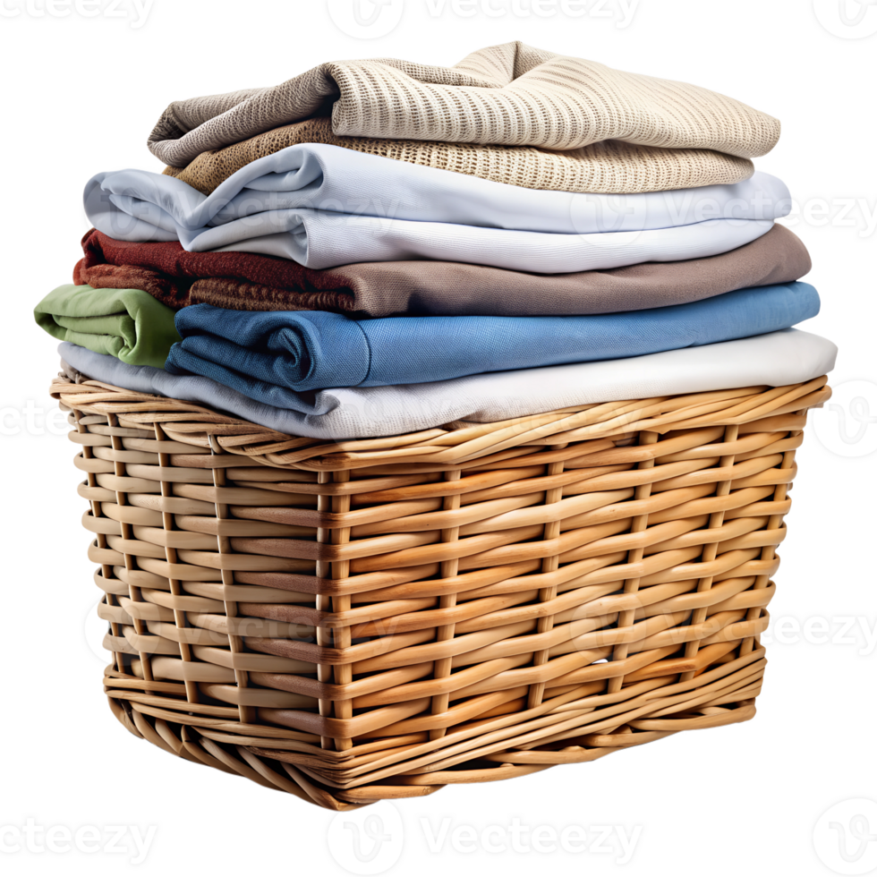 Neatly folded laundry in a wicker basket at home, isolated transparent png
