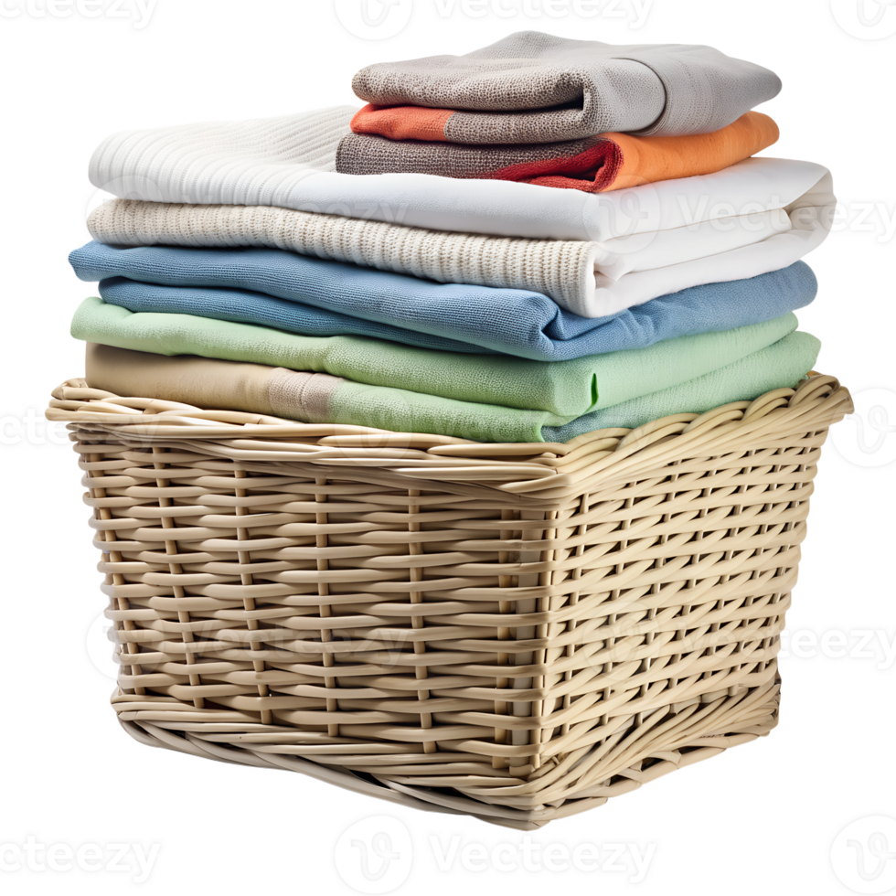 Neatly arranged clean laundry in a wicker basket, isolated transparent png