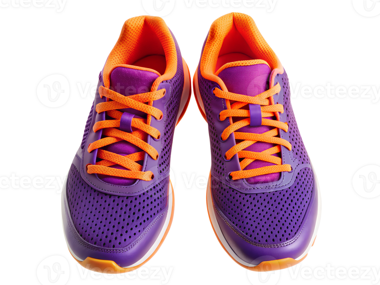 Bright purple and orange athletic shoes on display, isolated transparent png