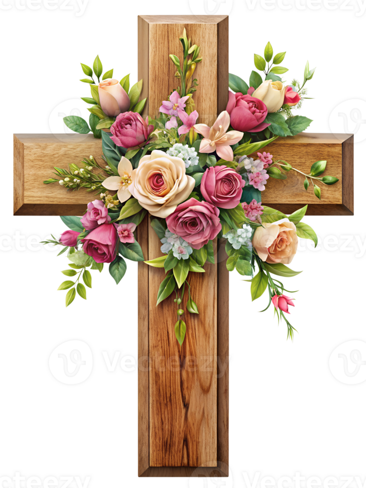 Floral cross decoration with roses and greenery, isolated transparent png